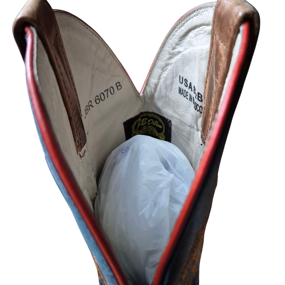 8.5 B J.B. Dillon Blue and Brown Cowboy Boots with Ornate Stitching - Picture 7 of 10